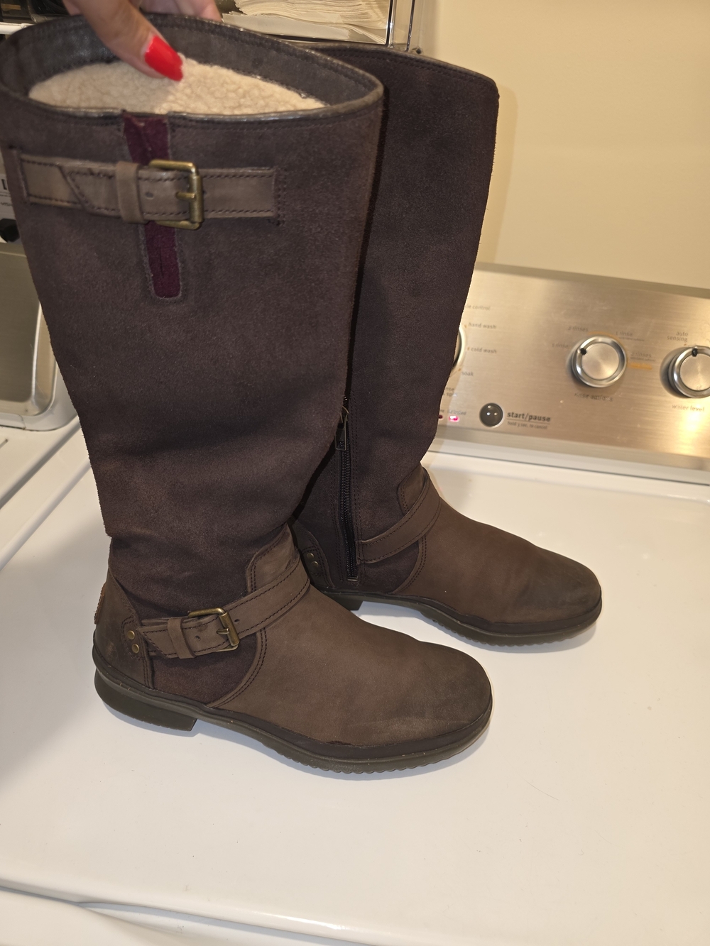 UGG Tall Brown Suede Thomsen Riding Style Winter Boots with Buckle Detail